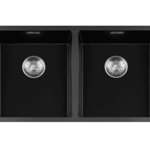Lorreine 3434BQ-FU-Inox Luxe Dubbele Keukenspoelbak Graniet Zwart Met Korfplug RVS 34 x 40 + 34 x 40 Vlakbouw Of Onderbouw