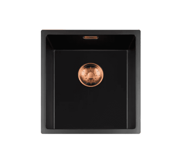 Lorreine 34BQ-FU-Copper Luxe Enkele Keukenspoelbak Graniet Zwart Met Korfplug Copper 34 x 40 Vlakbouw Of Onderbouw