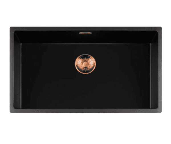 Lorreine 74BQ-FU-Copper Luxe Enkele Keukenspoelbak Graniet Zwart Met Korfplug Copper 74 x 40 Vlakbouw Of Onderbouw