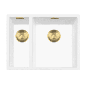Lorreine 1534WQ-FU-Gold Luxe Anderhalve Keukenspoelbak Rechts Graniet Wit Met Korfplug Goud 15 x 40 + 34 x 40 Vlakbouw Of Onderbouw
