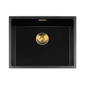 Lorreine 50BQ-FU-Gold Luxe Enkele Keukenspoelbak Graniet Zwart Met Korfplug Goud 50 x 40 Vlakbouw Of Onderbouw