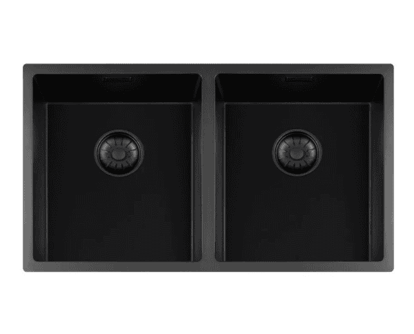 Lorreine 3434BQ-FU Luxe Dubbele Keukenspoelbak Graniet Zwart Met Korfplug Zwart 34 x 40 + 34 x 40 Vlakbouw Of Onderbouw