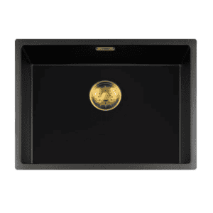 Lorreine 55BQ-FU-Gold Luxe Enkele Keukenspoelbak Graniet Zwart Met Korfplug Goud 55 x 40 Vlakbouw Of Onderbouw