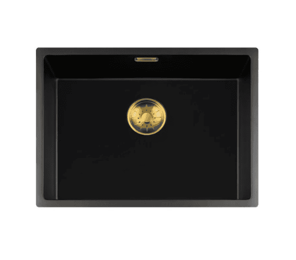 Lorreine 55BQ-FU-Gold Luxe Enkele Keukenspoelbak Graniet Zwart Met Korfplug Goud 55 x 40 Vlakbouw Of Onderbouw