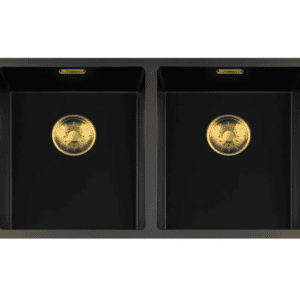 Lorreine 3434BQ-FU-Gold Luxe Dubbele Keukenspoelbak Graniet Zwart Met Korfplug Goud 34 x 40 + 34 x 40 Vlakbouw Of Onderbouw
