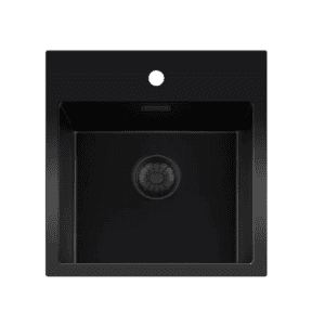 Lorreine 40BQ37TH-T Luxe Enkele Keukenspoelbak Met Kraangat Graniet Zwart Met Korfplug Zwart 40 x 37 Opbouw