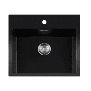 Lorreine 50BQ37TH-T-Inox Luxe Enkele Keukenspoelbak Met Kraangat Graniet Zwart Met Korfplug RVS 50 x 37 Opbouw