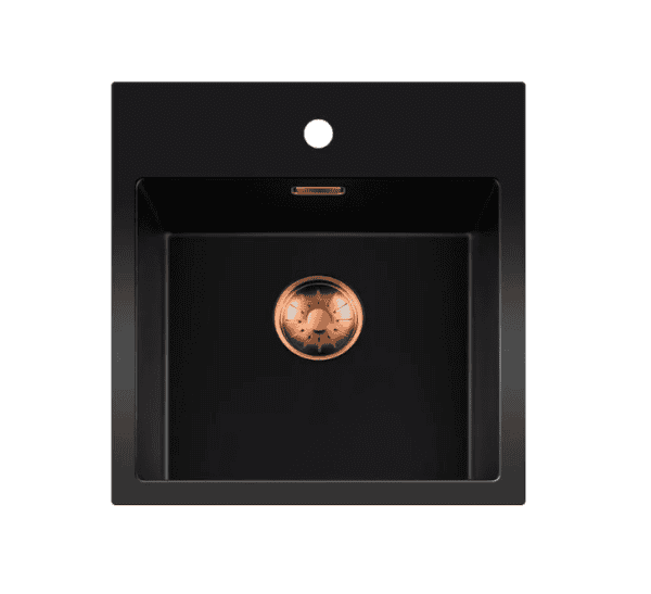 Lorreine 40BQ37TH-T-Copper Luxe Enkele Keukenspoelbak Met Kraangat Graniet Zwart Met Korfplug Copper 40 x 37 Opbouw