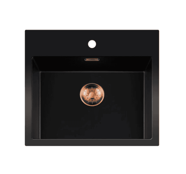 Lorreine 50BQ37TH-T-Copper Luxe Enkele Keukenspoelbak Met Kraangat Graniet Zwart Met Korfplug Copper 50 x 37 Opbouw