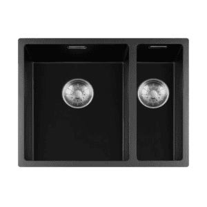 Lorreine 3415BQ-FU-Inox Luxe Anderhalve Keukenspoelbak Graniet Zwart Met Korfplug RVS 34 x 40 + 15 x 40 Vlakbouw Of Onderbouw