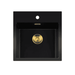 Lorreine 40BQ37TH-T-Gold Luxe Enkele Keukenspoelbak Met Kraangat Graniet Zwart Met Korfplug Goud 40 x 37 Opbouw