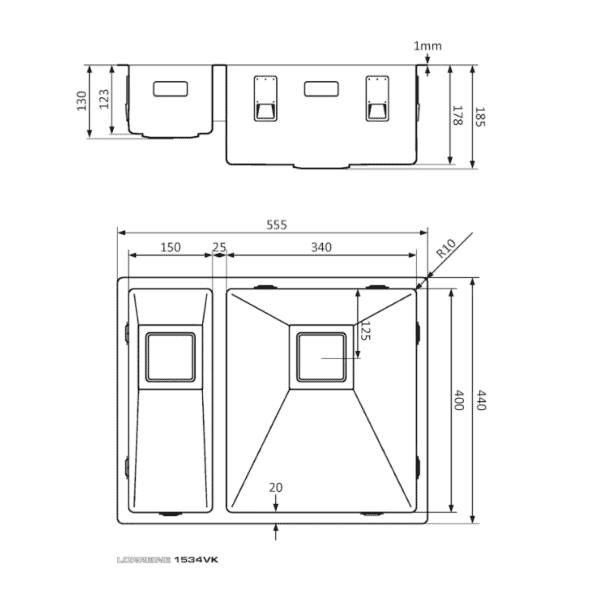 Lorreine 1534VK Luxe Anderhalve Keukenspoelbak Rechts RVS Met Vierkante Korfplug 15 x 40 + 34 x 40 Onderbouw - Vlakbouw - Opbouw