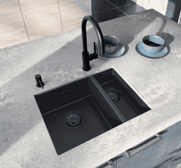 Lorreine 74BQ-FU-Copper Luxe Enkele Keukenspoelbak Graniet Zwart Met Korfplug Copper 74 x 40 Vlakbouw Of Onderbouw
